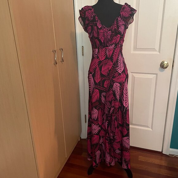 RIXO Antoinette Pink Palm Print Frilly Sleeve 100% Silk Midi Dress (Size S/P) - Picture 2 of 16